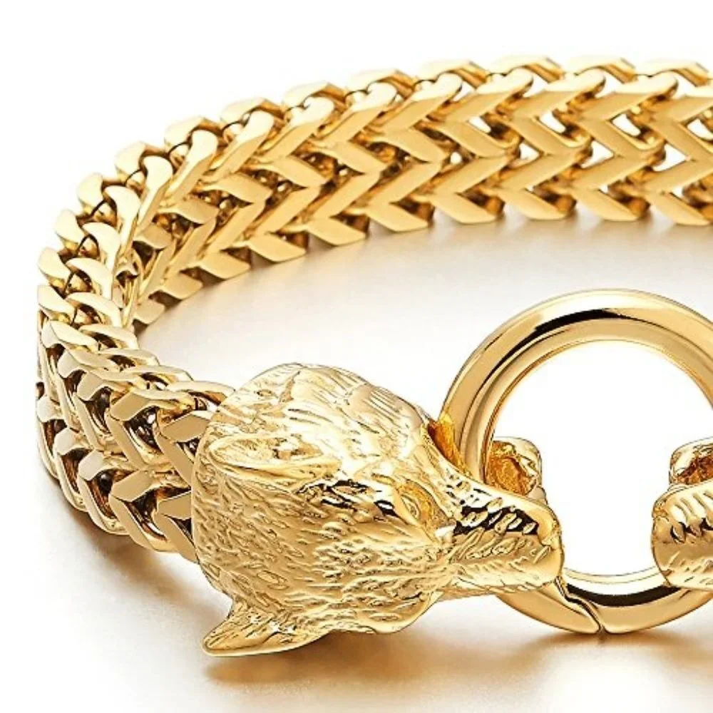 Gold Wolf Head Link Bracelet |Punk Bikers Men Stainless Steel